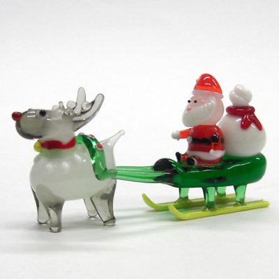画像1: サンタそり＆赤鼻のトナカイ　ホワイト　クリスマス　ガラス細工　雑貨　置物