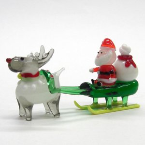 クリスマスのガラス細工】 サンタそり＆赤鼻のトナカイ ブラウン