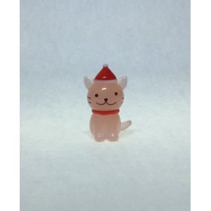 画像: サンタ帽子ネコ　ピンク　クリスマス　ガラス細工　雑貨　置物