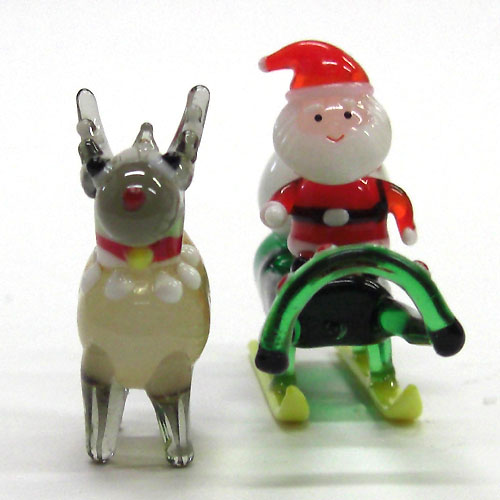 画像: サンタそり＆赤鼻のトナカイ　ブラウン　クリスマス　ガラス細工　雑貨　置物