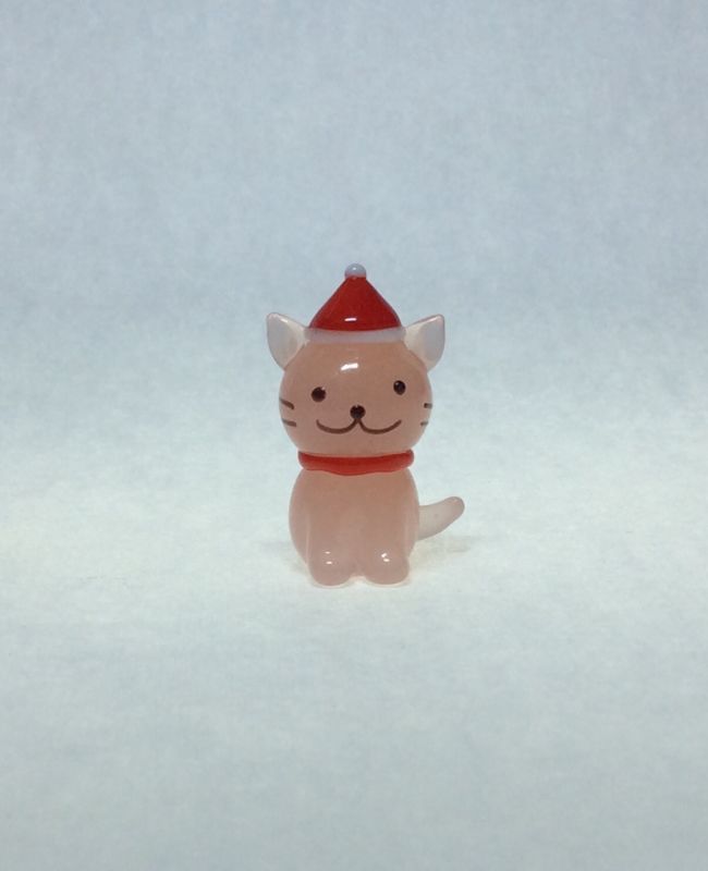 画像1: サンタ帽子ネコ　ピンク　クリスマス　ガラス細工　雑貨　置物